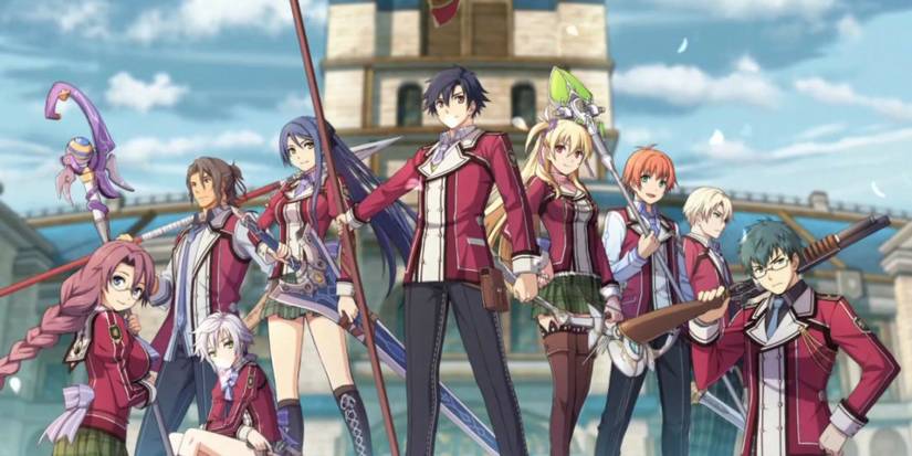 Screenshot of nine anime characters in red jackets, lined up, holding various weapons