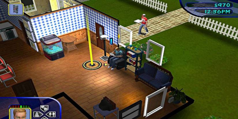 A sim sits on a couch reading a book