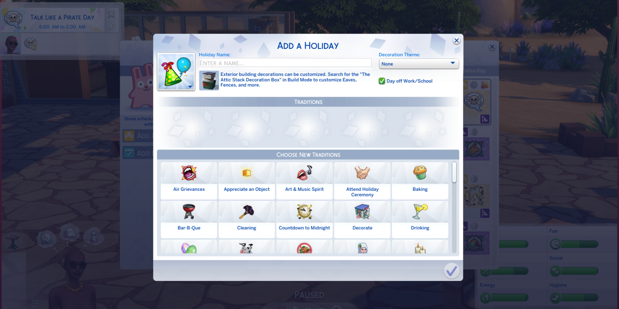 The holiday creation screen Sims 4