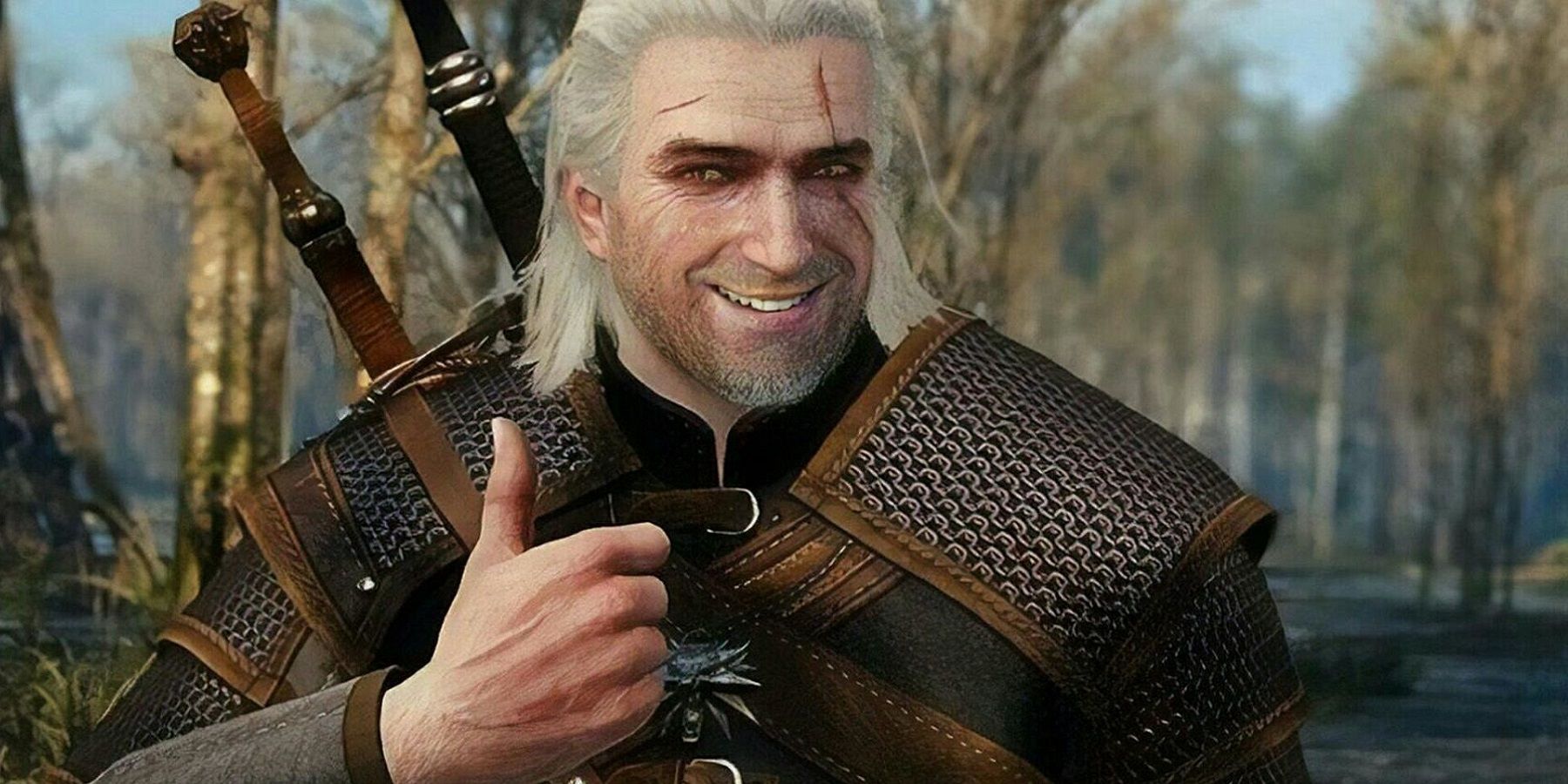 Image from The Witcher 3 showing Geralt of Rivia smiling and givig a thumbs up.