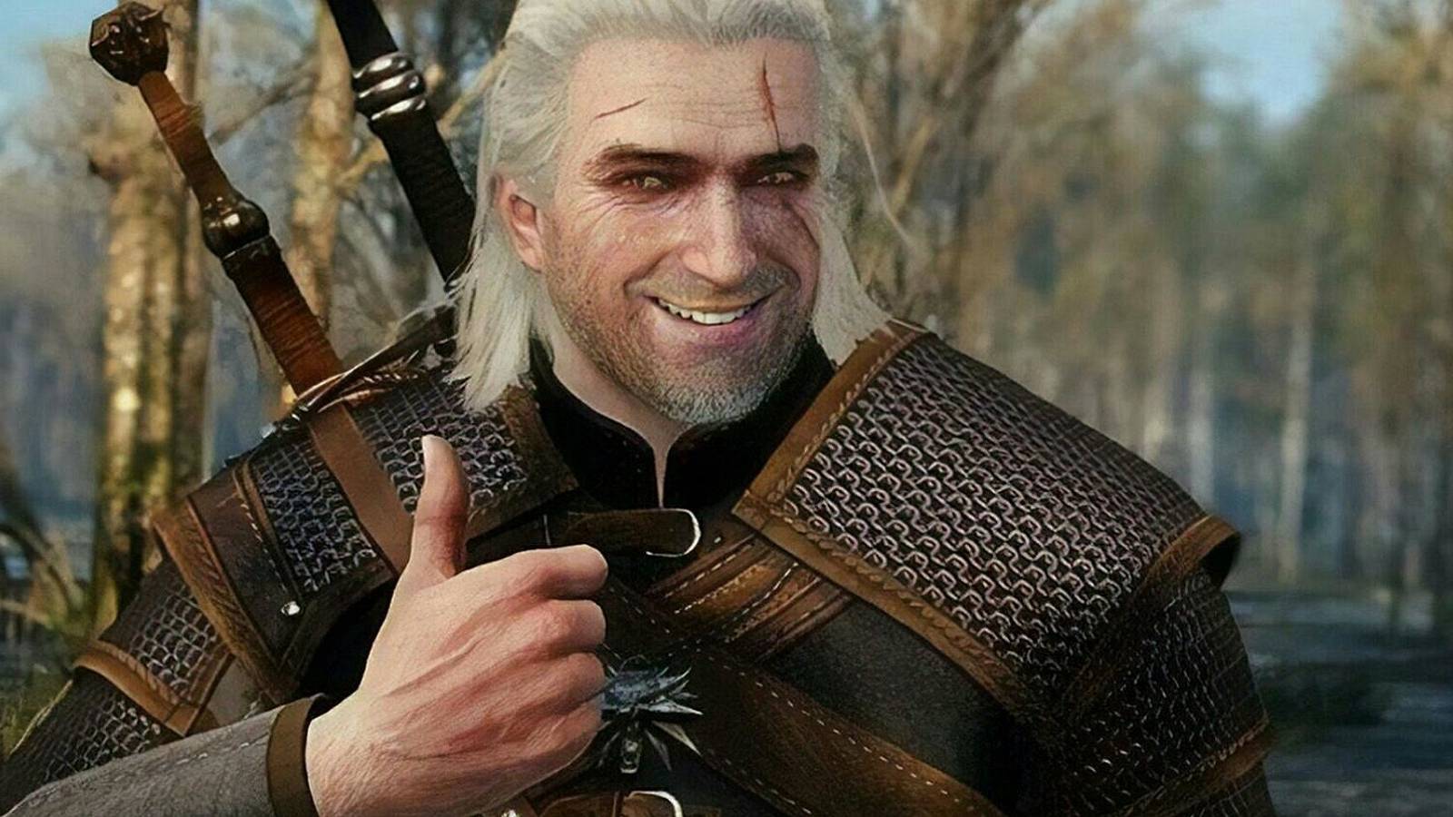 Image from The Witcher 3 showing Geralt of Rivia smiling and givig a thumbs up.
