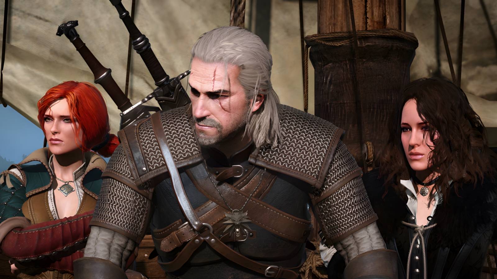 Geralt with Triss and Yennefer on a boat