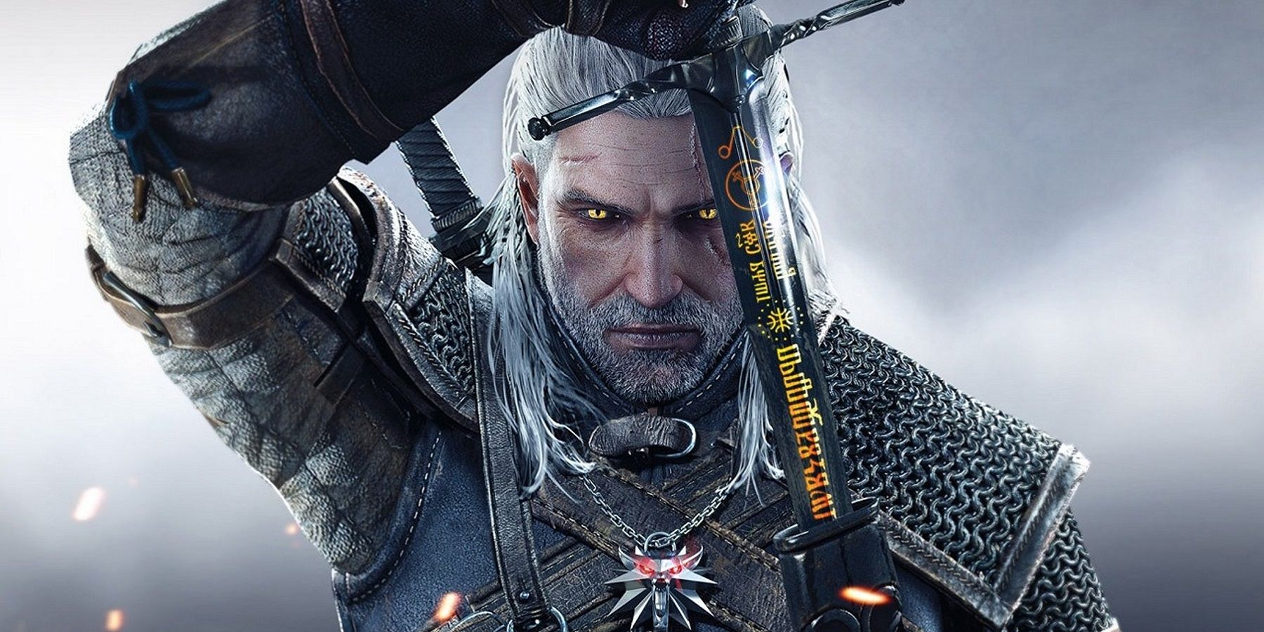 Image from The Witcher 3: Wild Hunt showing Geralt of Rivia unsheathing his sword.