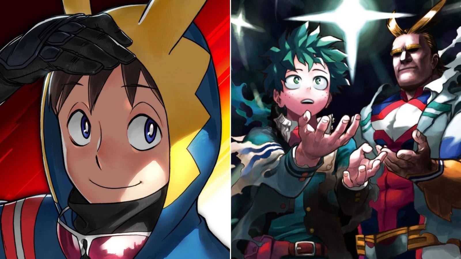 Split image of Koichi Haimawari from My hero academia vigilantes, and Deku and All Might from My hero Academia