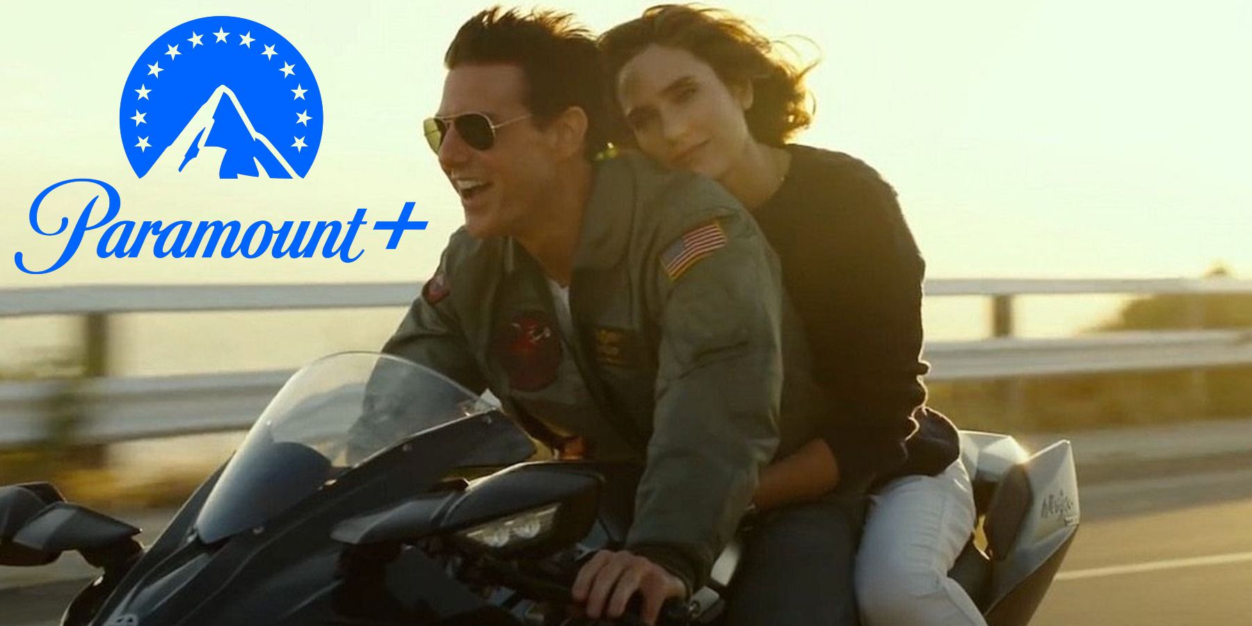 Tom Cruise and Jennifer Connelly riding motorcycle in Top Gun: Maverick with Paramount Plus logo