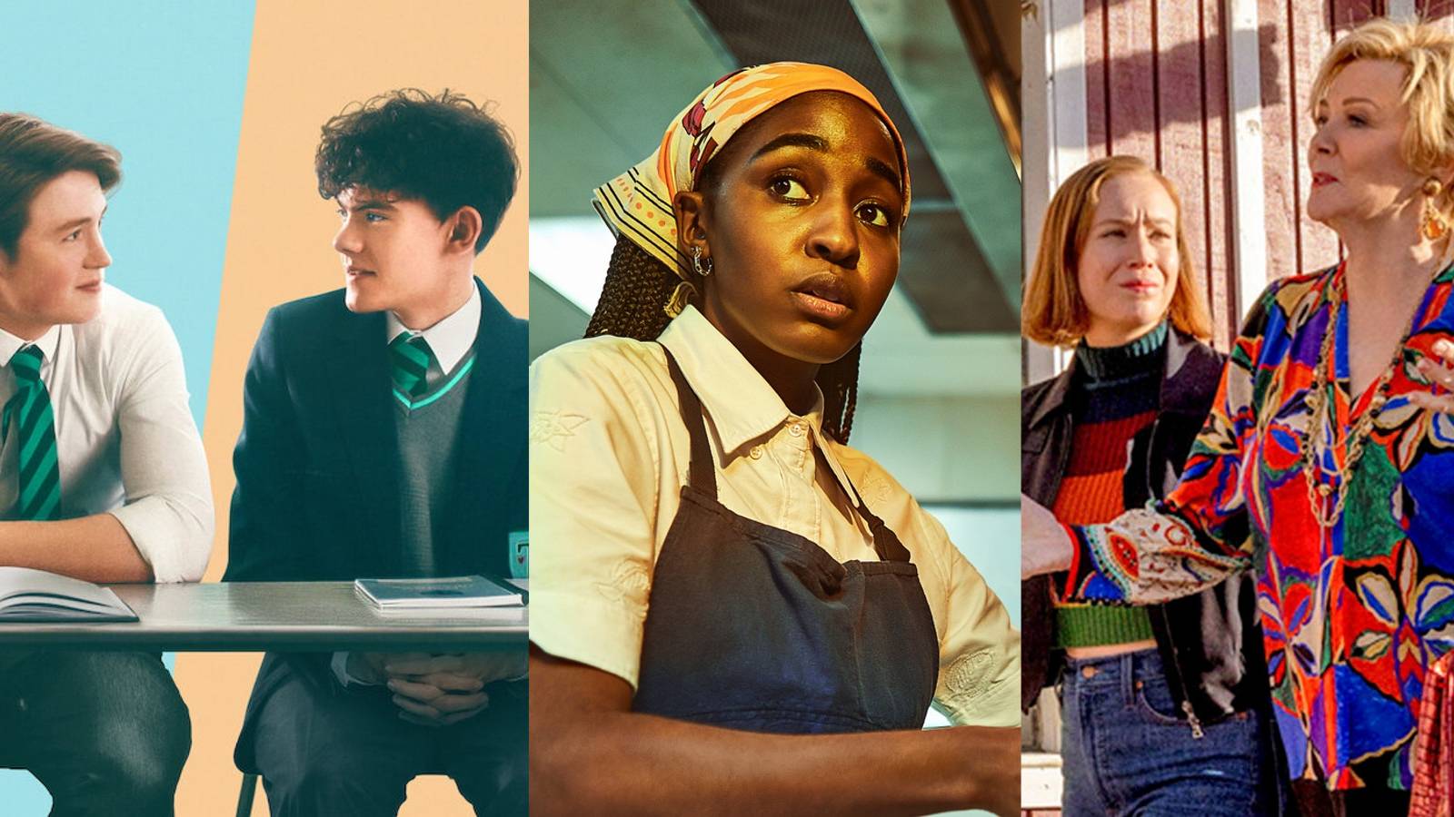 Heartstopper, The Bear, and Hacks split image