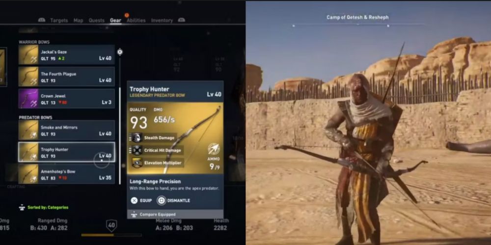 TrophyHunter holding bow and stats in AC Origins