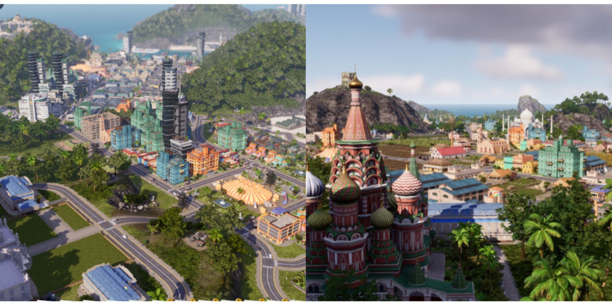 split image of two islands in Tropico 6