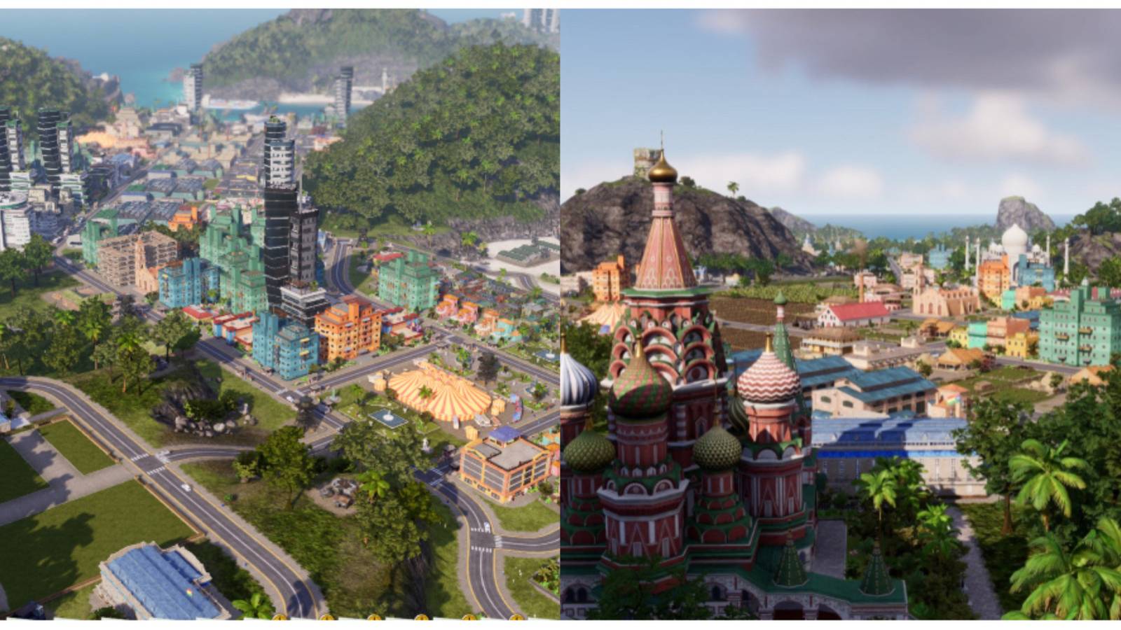 split image of two islands in Tropico 6