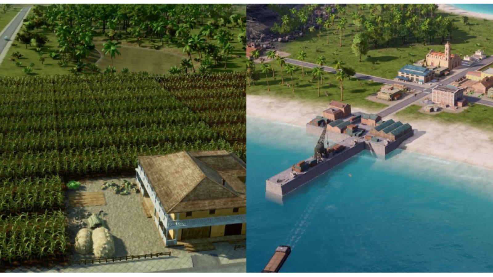 split image of a plantation and a shipyard in Tropico 6