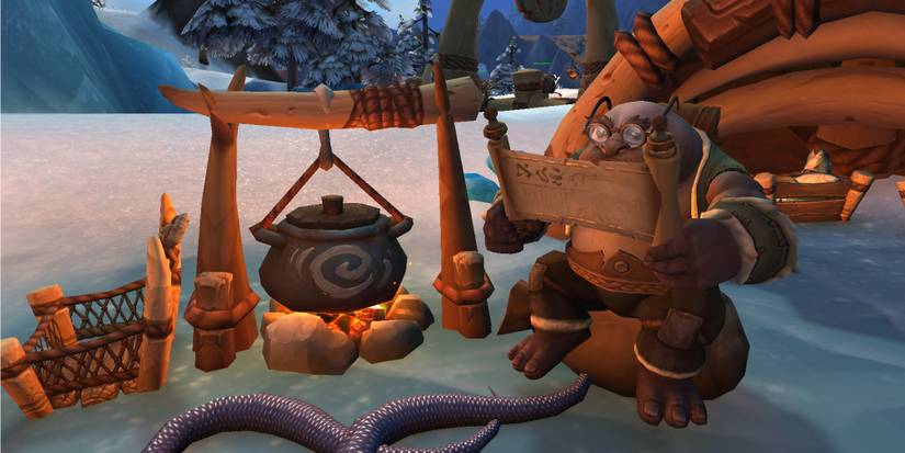Tuskarr sits and reads while cooking in World of Warcraft Dragonflight
