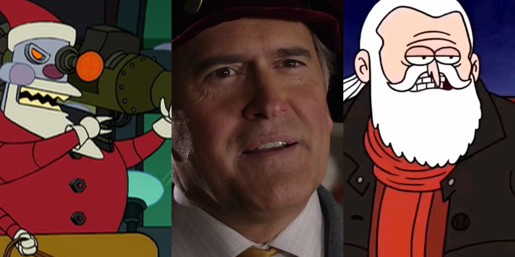 A split image features the TV versions of Santa Claus in Futurama, The Librarians, and Regular Show