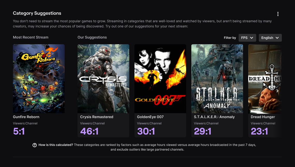 Image from Twitch showing a number of video game categories, such as Crysis and GoldenEye 007.