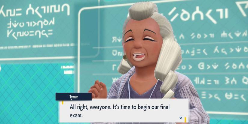 Tyme telling the class that the exam is about to begin in Pokemon Scarlet and Violet