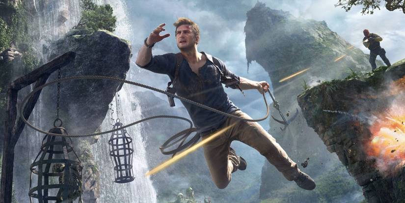 Nathan Drake using a hoockshot in Uncharted 3