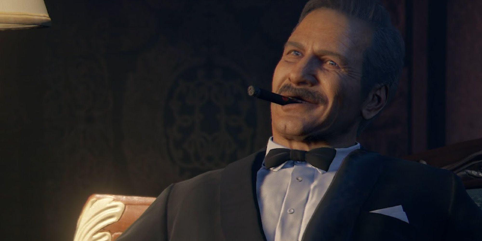 Victor Sullivan sits in a chair with his signature cocky grin and cigar, dressed sharply in a tuxedo.
