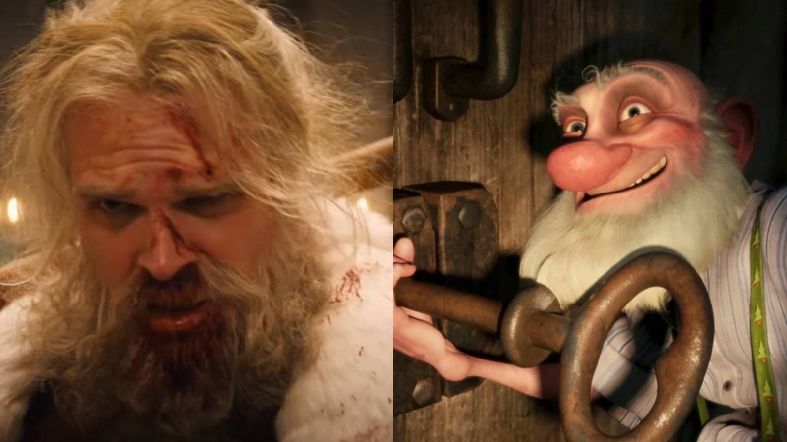 A split image features Santa in Violent Night and Grandsanta in Arthur Christmas