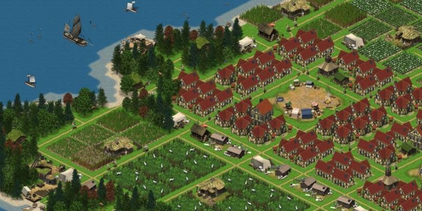 A coastal colony in Unknown Horizons with ships in the top-left corner. Image source: smallgames.ws