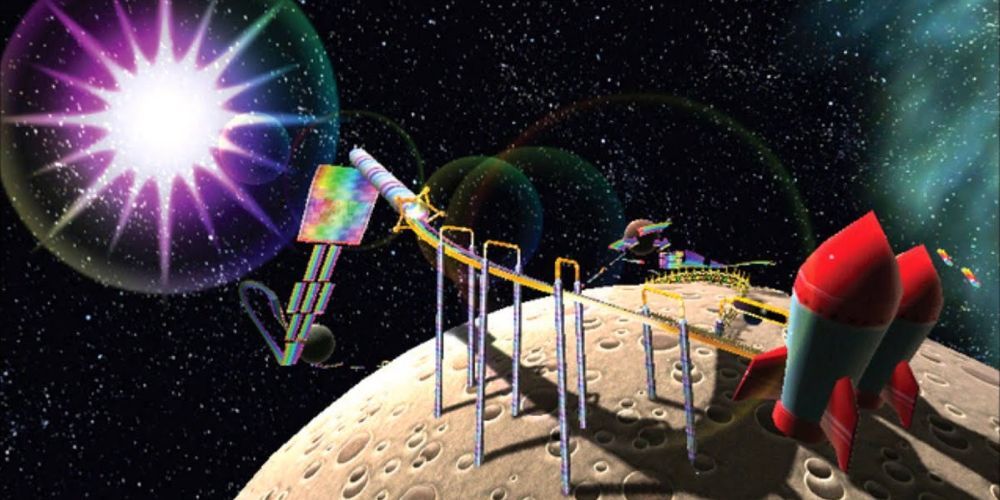 Rainbow Road track on moon and into space from Mario Kart 7