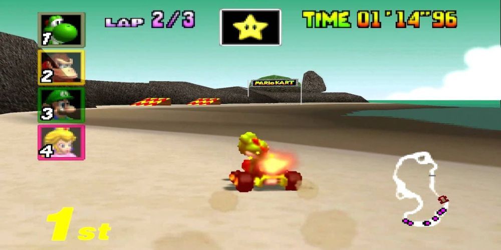 Yoshi racing on Koopa Troopa Beach From Mario Kart 64