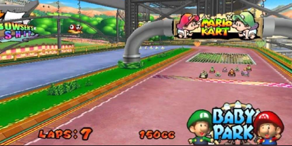 Racers lining up to start Baby Park course in Mario Kart Double Dash