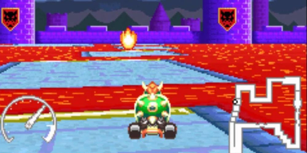 Bowser racing in Bowser castle surrounded by lava in Super Mario Kart