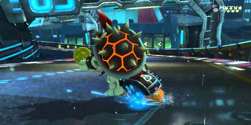 Bowser drifting towards coins in Neo Bowser City from Mario Kart 7