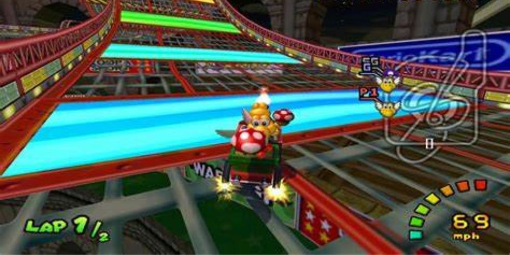 Koopa Troopas with mushrooms racing on Wario Colosseum from Mario Kart Double Dash