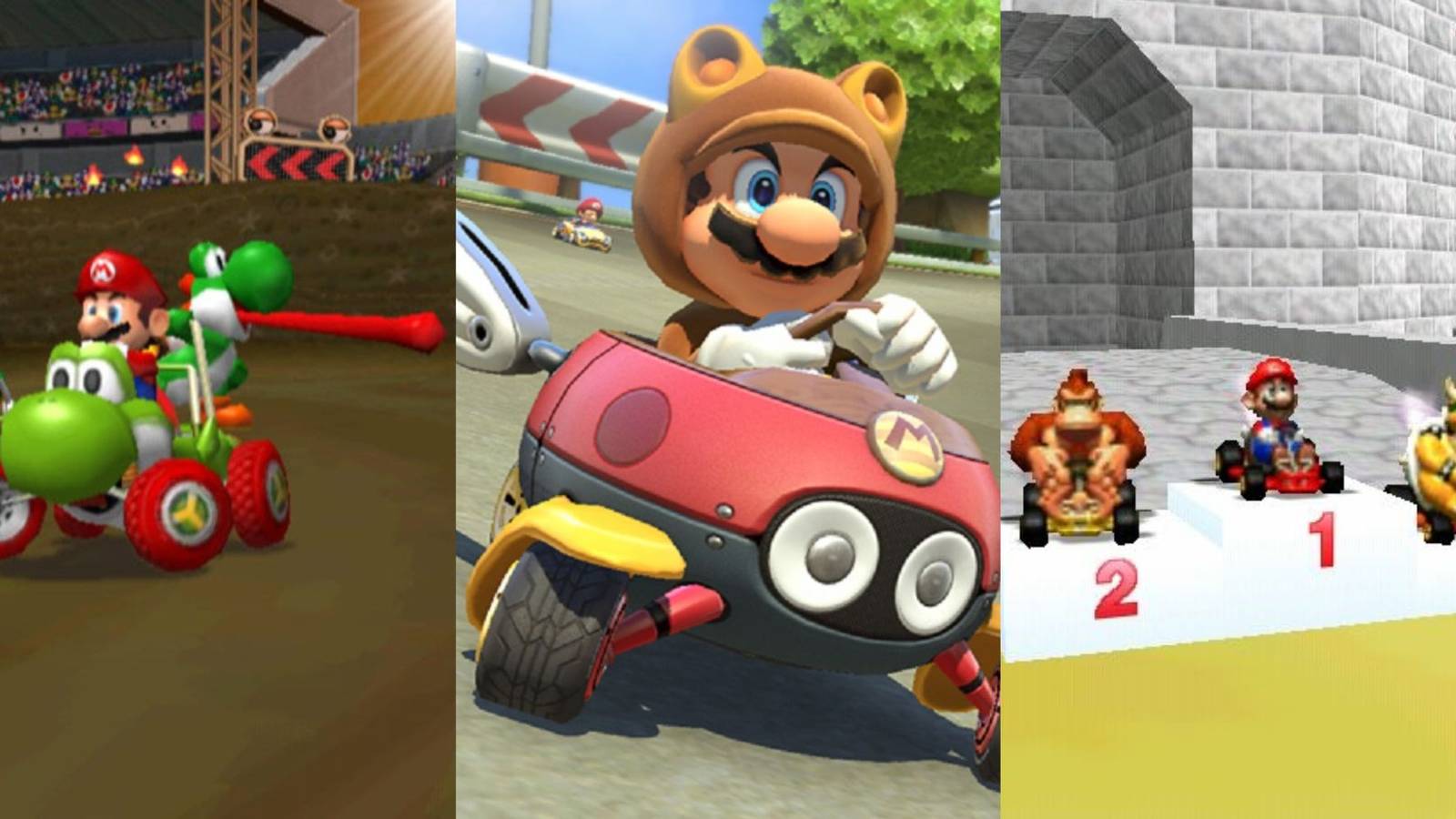 Mario and racing with Yoshi poking tongue out on dirt track, Tanooki Mario in ladybird car, and Mario Donkey Kong and Bowser on top three podium