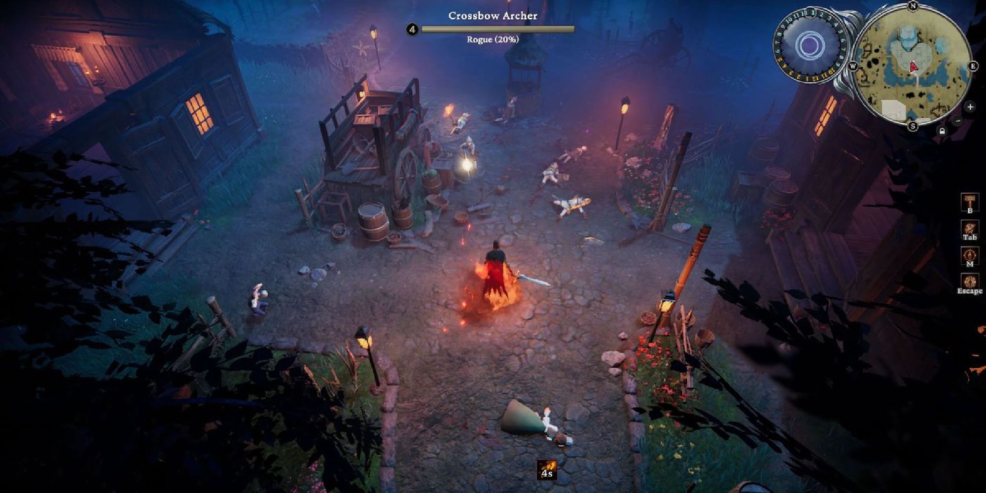 A zoomed out combat scene in V Rising. the protagonist surrounded by a wreath of flame as they approach enemy archers