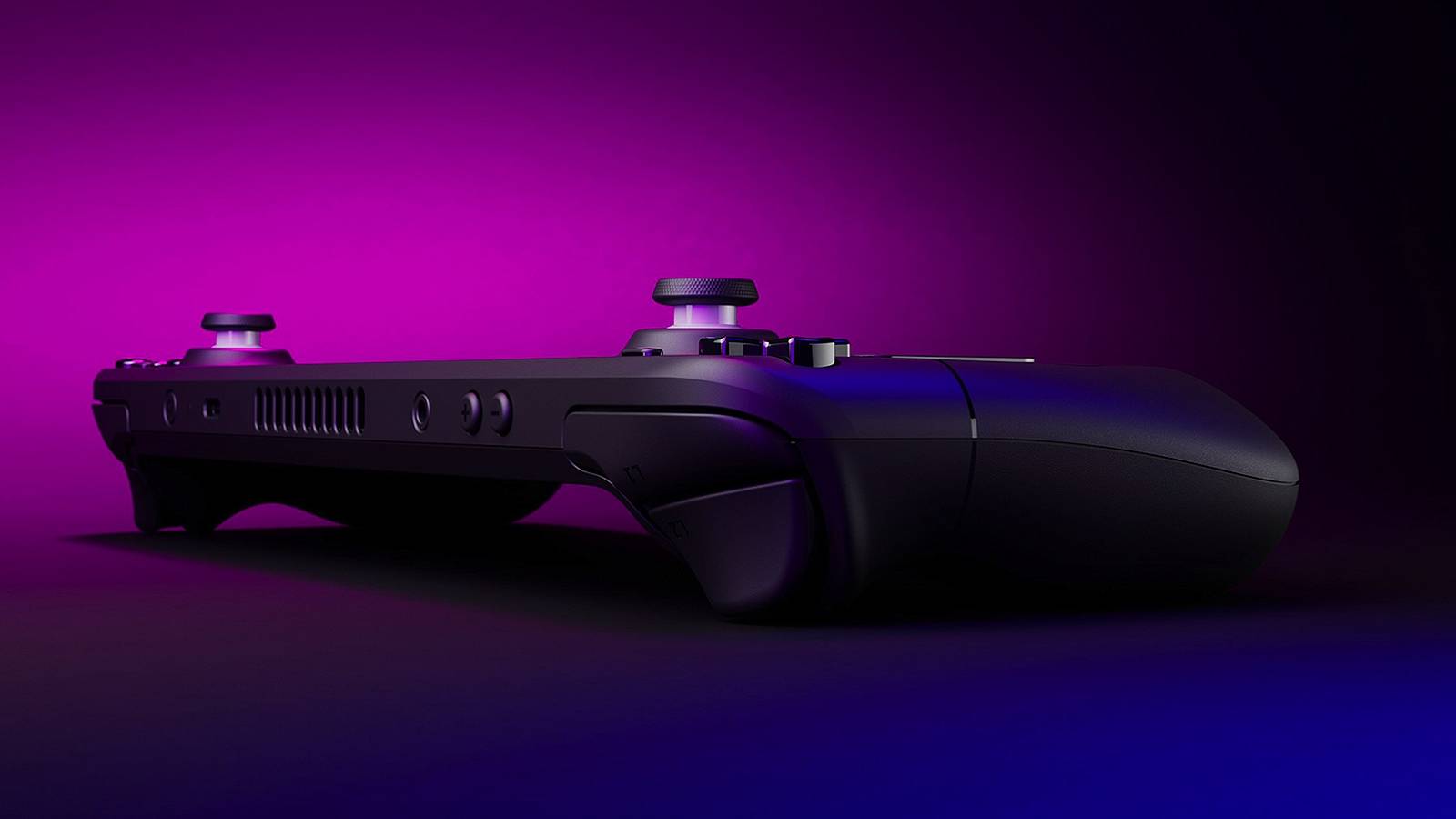 Image of a Steam Deck on a dark pink and purple background.