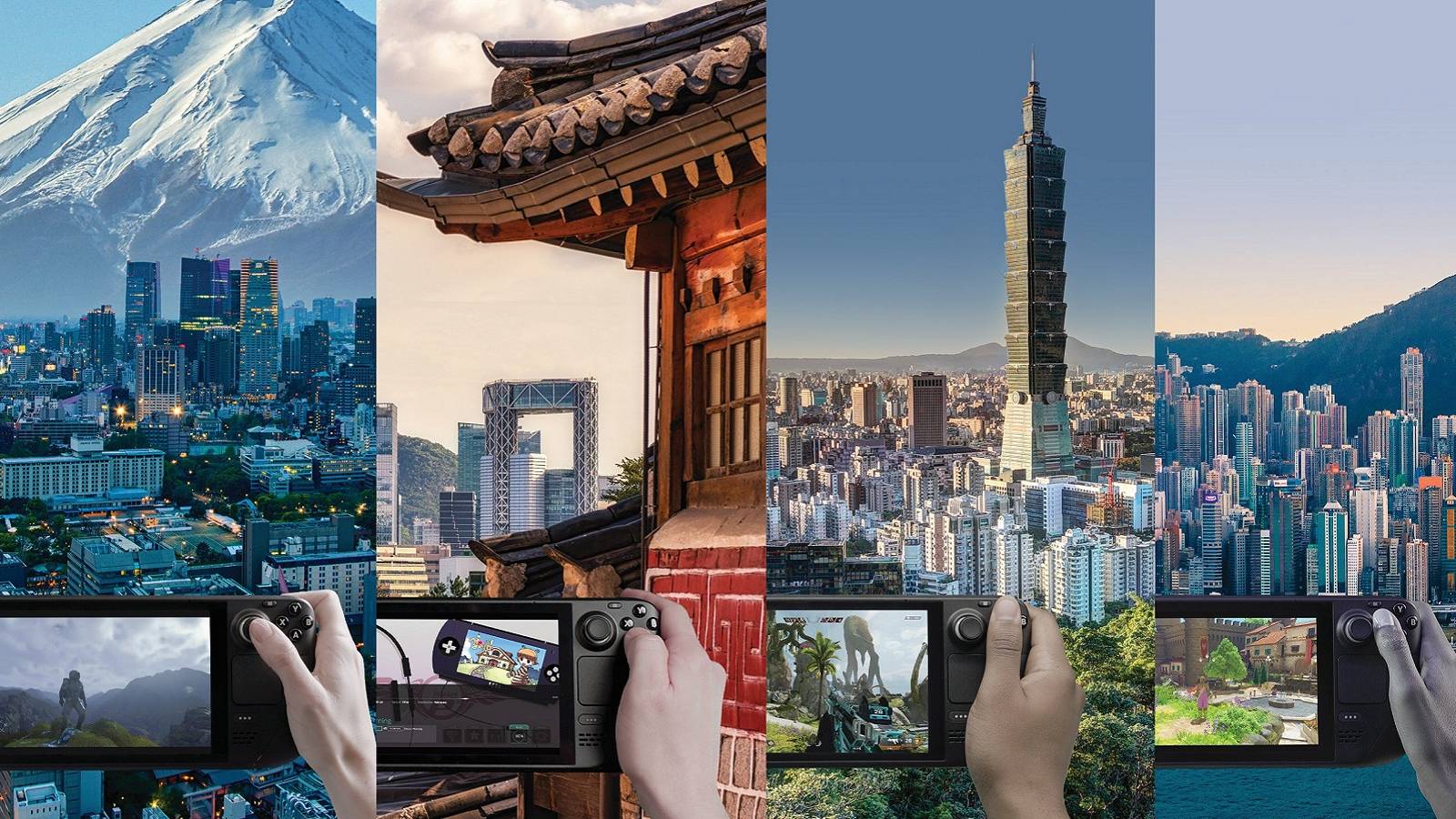 Steam Deck being shown in multiple countries, including Japan and Hong Kong.