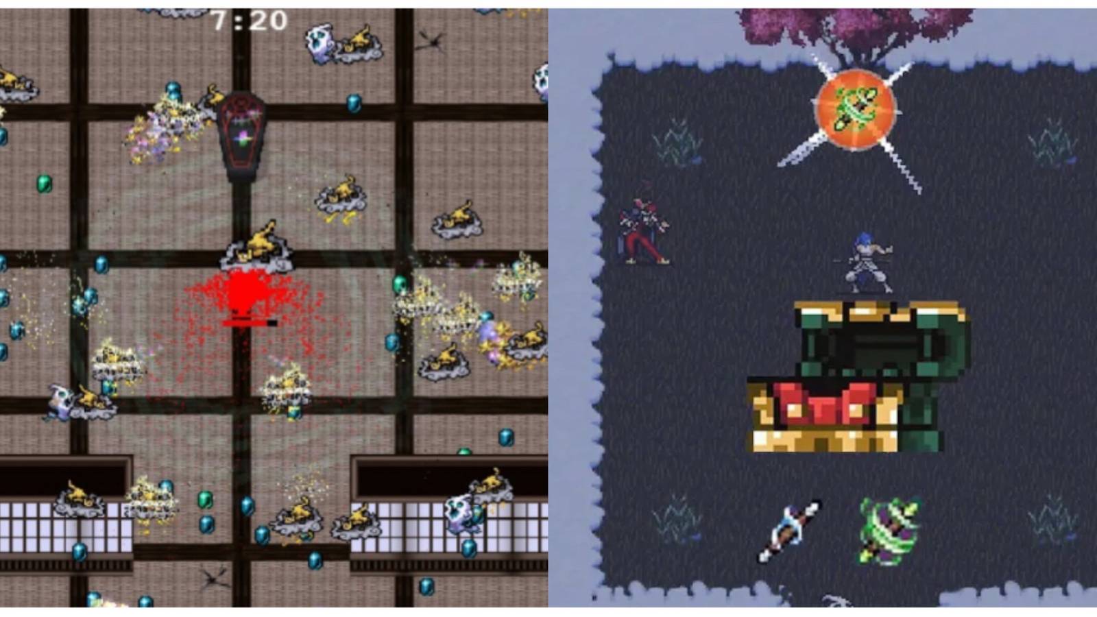 split image of Miang's coffin and evolving the Silver Wind in Vampire Survivors