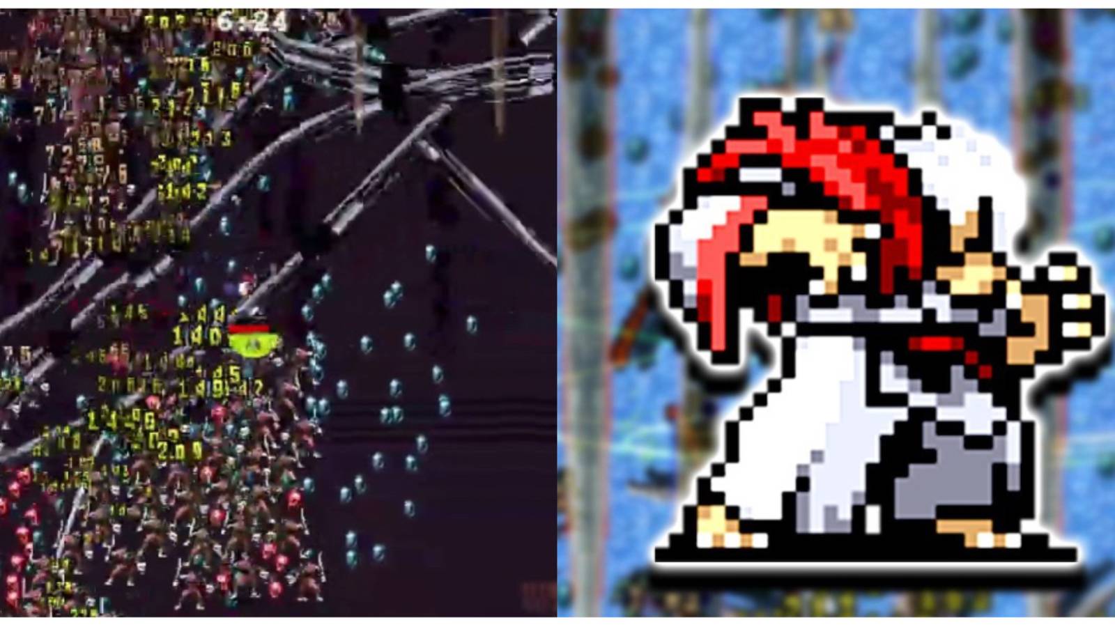 split image of 100,000 kill challenge with Syuuto and Megalo Syuuto in Vampire Survivors