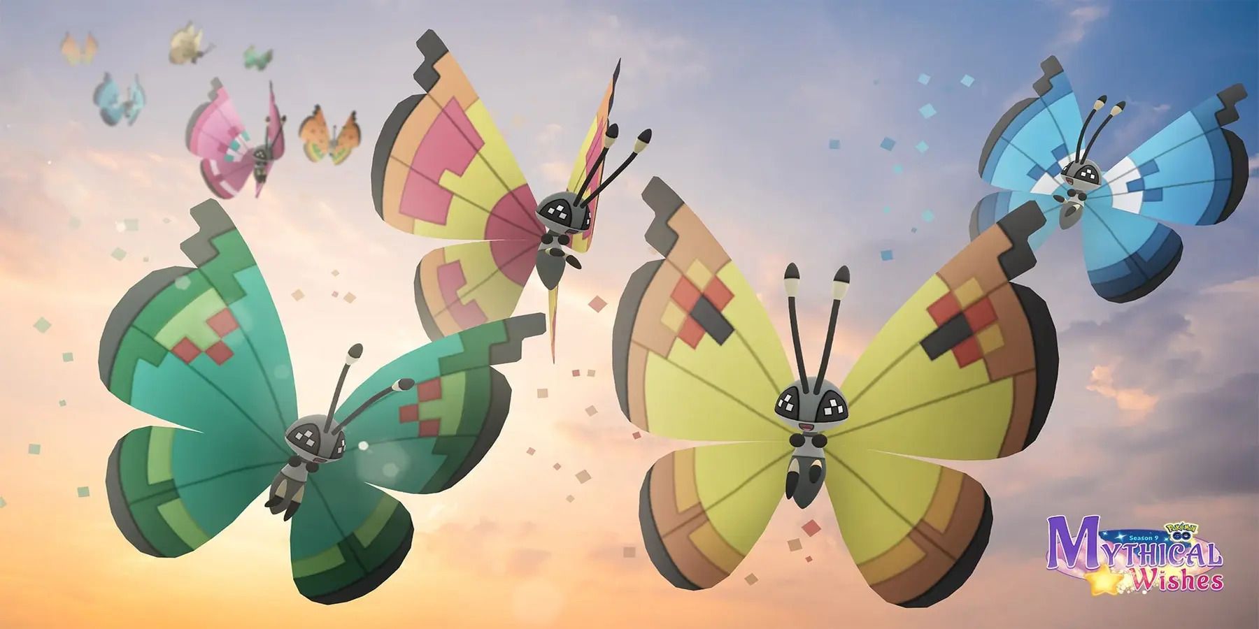 Many Vivillon with different patterns flying together in a group 