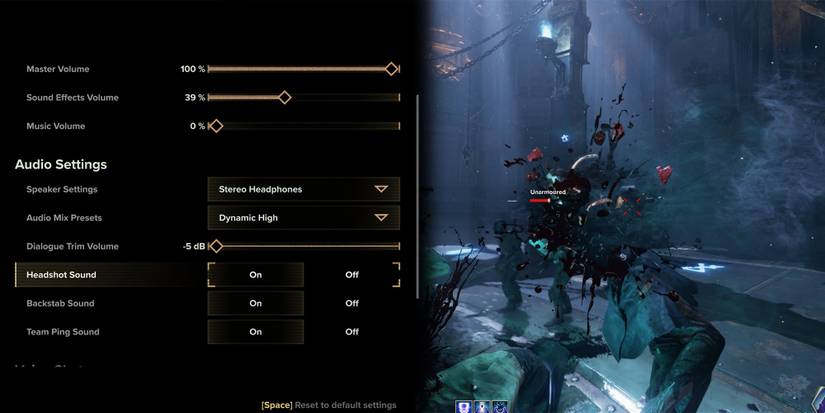 Warhammer 40000 Darktide - Audio Settings For Headshots Criticals And Backstabs Next To Image Of Melee Headshot In Meat Grinder