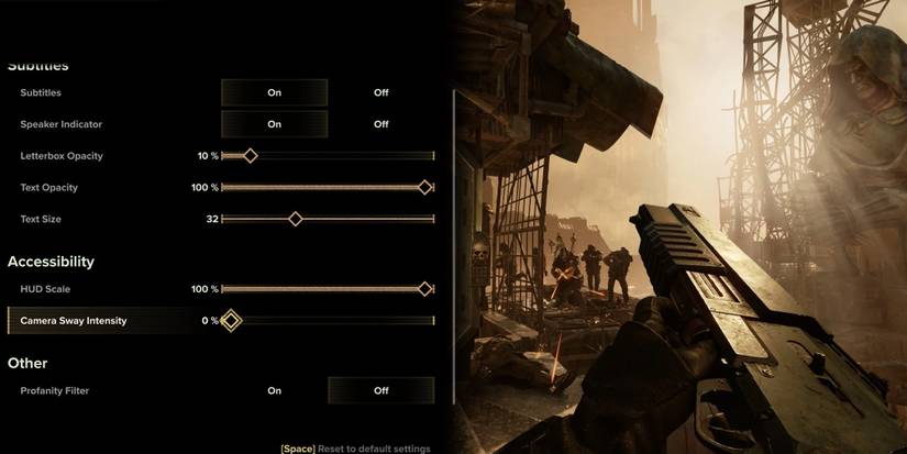 Warhammer 40000 Darktide - Camera Sway Option Next To Image Of Character Reloading While Moving With No Sway
