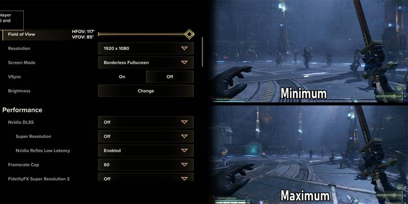 Warhammer 40000 Darktide - FOV Option In Settings Next To Two Images Showing FOV Maxed And At Smallest Setting