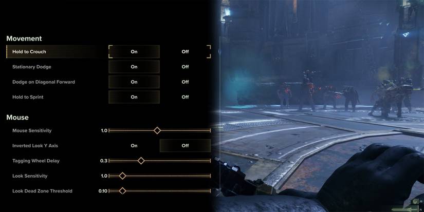 Warhammer 40000 Darktide - Hold Crouch Option Next To Image Of Character Sliding In Meat Grinder