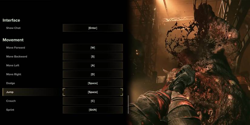 Warhammer 40000 Darktide - Setting Jump And Dodge To Same Button Option Next To Image Of Zealot Jumping To Hit Plague Ogryn Head