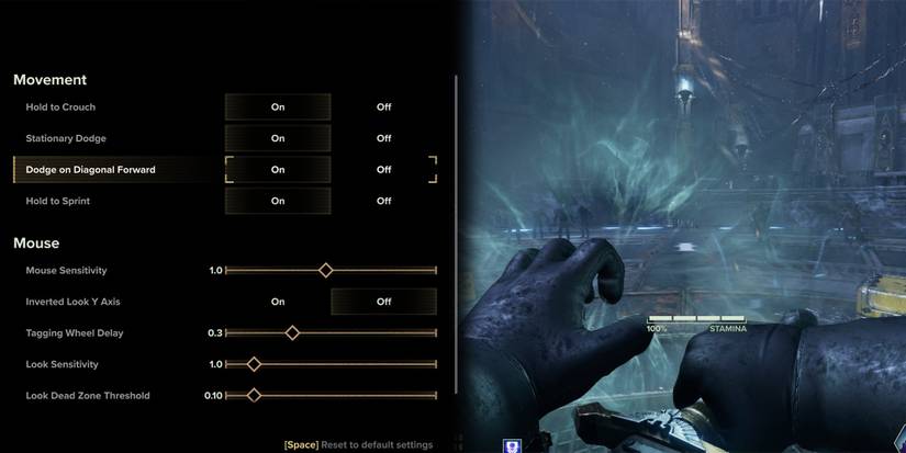 Warhammer 40000 Darktide - Stationary Dodge And Forward Diagonal Dodge Options Next To Image Of Character Dodging In Meat Grinder