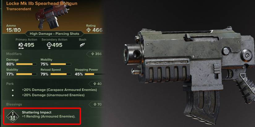 Warhammer 40k Darktide - Bolter With Shattering Impact Blessing Next To Inspect Menu For Bolter In-Game