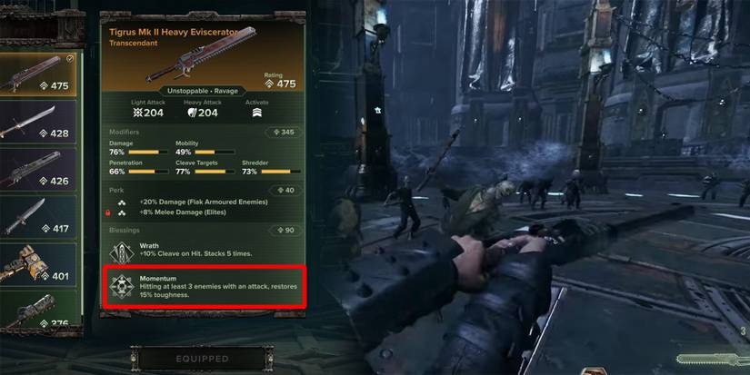 Warhammer 40k Darktide - Momentum On Eviscerator Weapon Next To Image Of Eviscerator Swinging In Meat Grinder