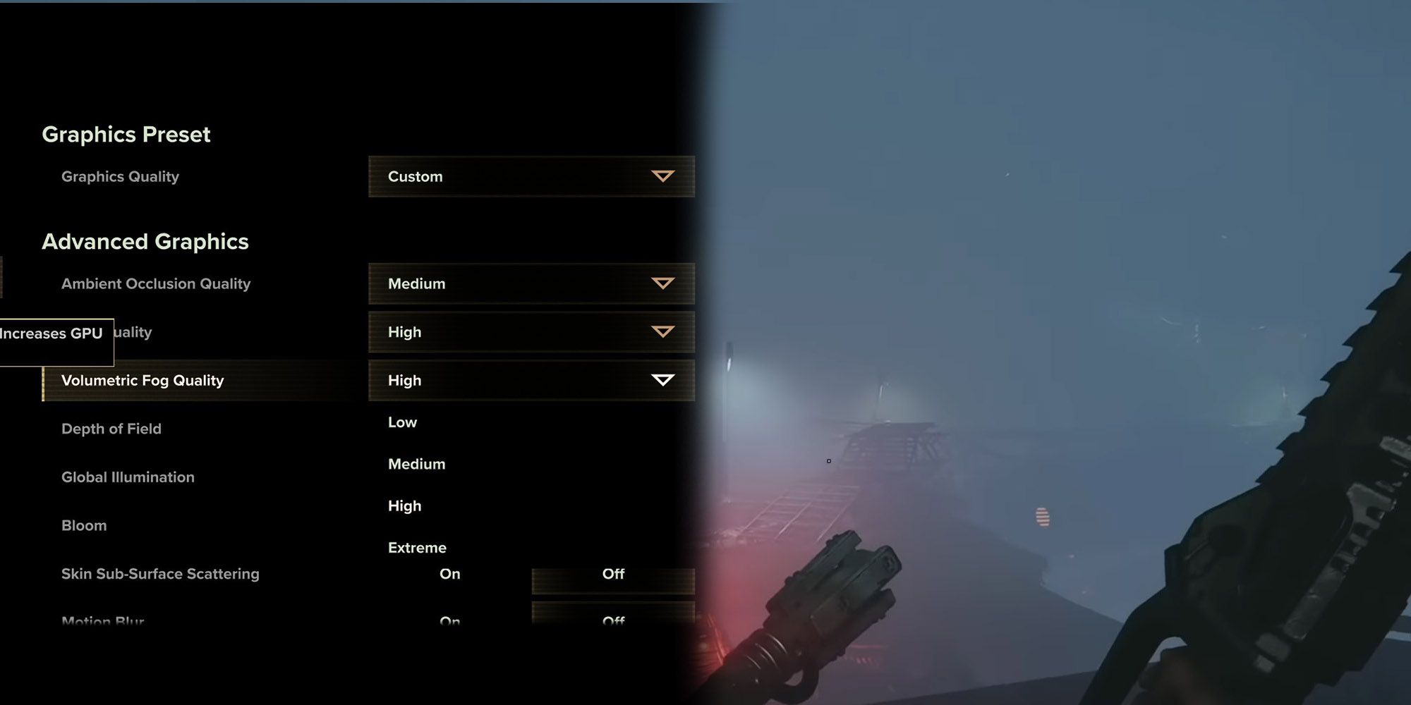 Warhammer 40K Darktide - Volumetric Fog Option Next To Image Of Ventilation Fog Special Condition In-Game