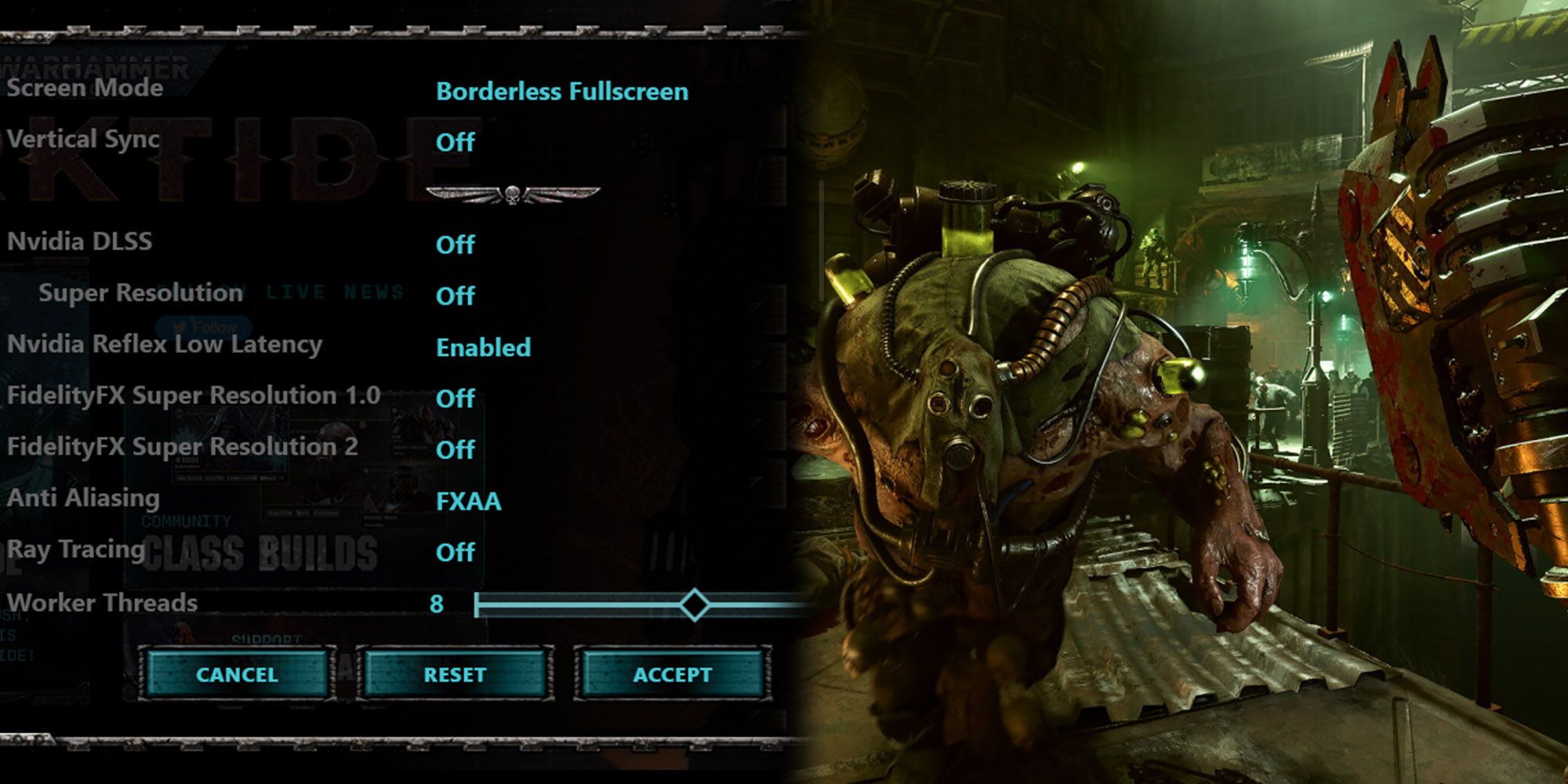 Warhammer 40K Darktide - Worker Threads Option In Launcher Next To Very Crisp High Resolution Image From In-Game