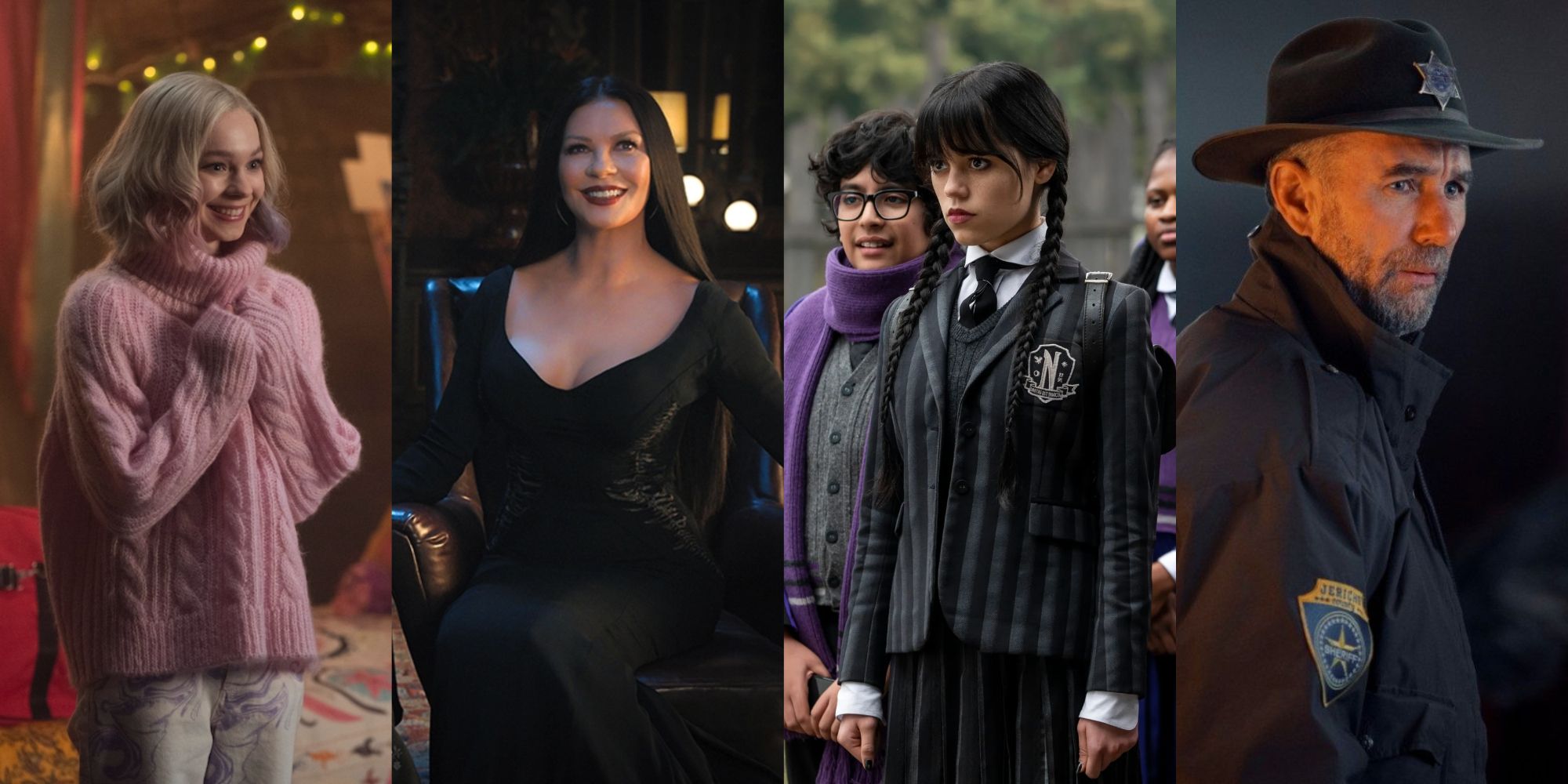 Enid Sinclair, Morticia Addams, Wednesday Addams, and Sheriff Galpin in Wednesday 2022