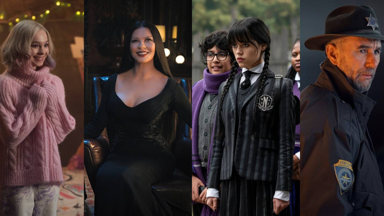 Enid Sinclair, Morticia Addams, Wednesday Addams, and Sheriff Galpin in Wednesday 2022