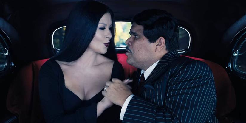 Morticia and Gomez Addams sing to each other in the car as they drop Wednesday to Nevermore