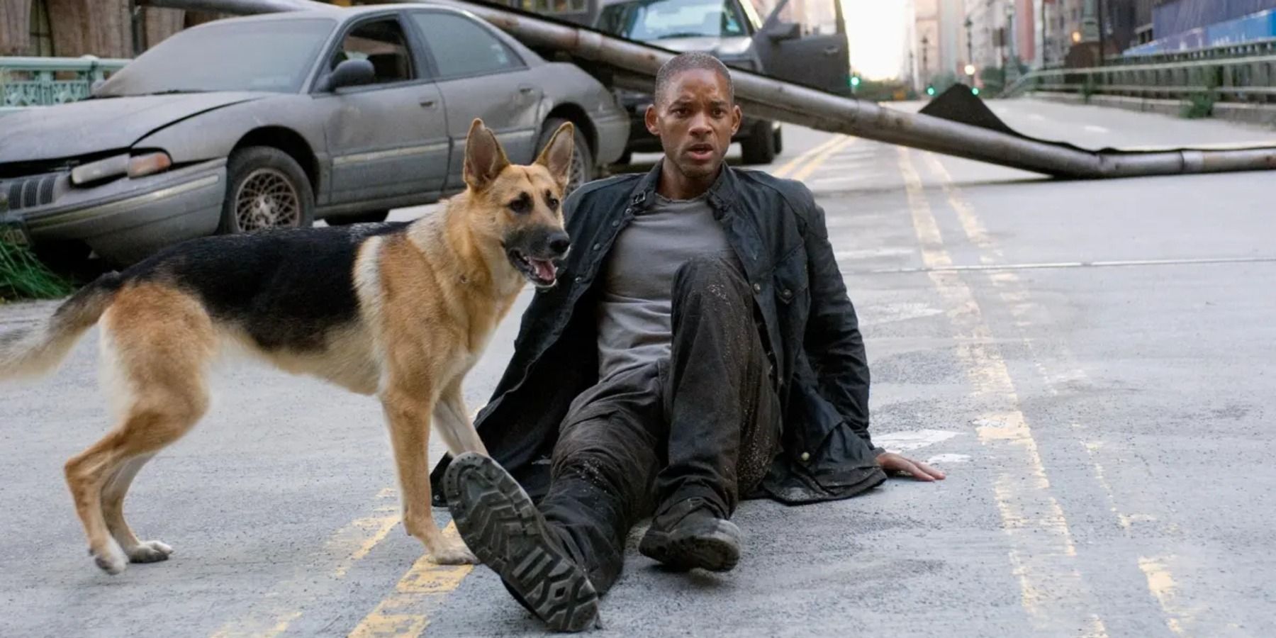 Will Smith as Robert Neville with dog Sam in I Am Legend