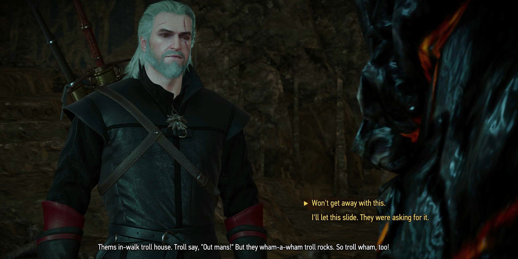 Witcher 3 Geralt deciding to spare or kill the cave troll